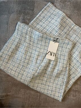 ZARA Light Blue & White Tweed Mini Skirt